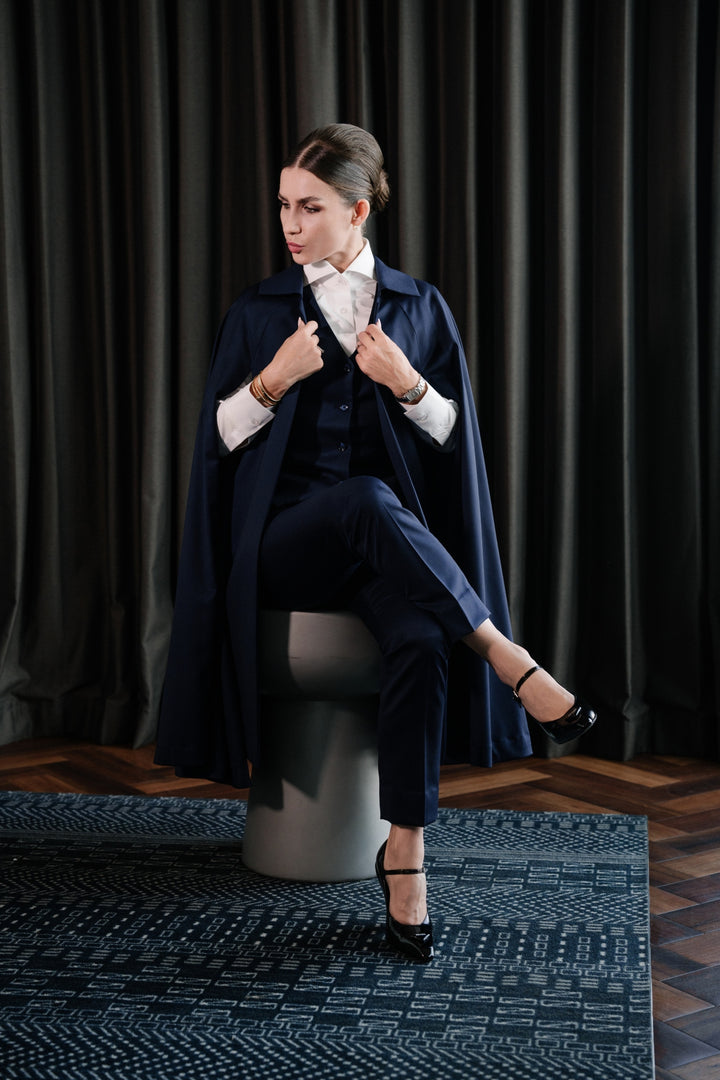 Navy Three-Piece Business Suit with Cape